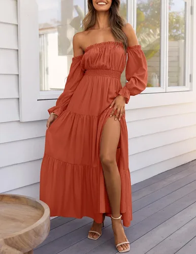 Vista 42 de ZESICA - Vestido largo, bohemio y sexy, con hombros descubiertos y manga larga fruncida, con elástico fruncido, cintura alta y abertura lateral