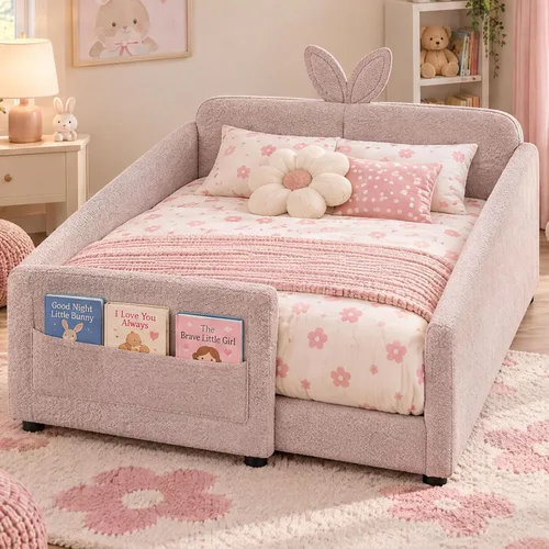 Vista 12 de Cama de suelo tapizada de tamaño matrimonial con valla y bolsillos, cama de Cama de suelo tapizada de tamaño matrimonial con listones y cabecero