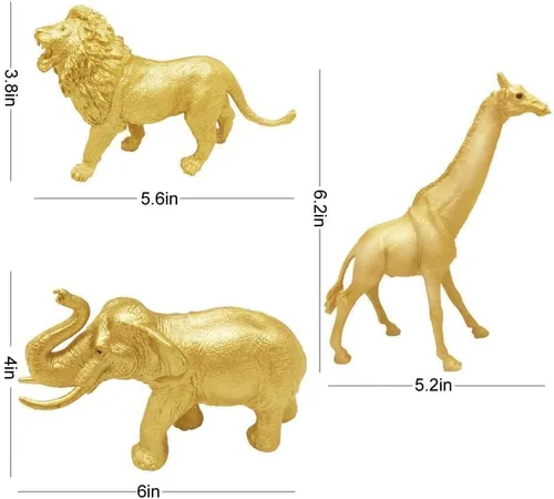 Vista 4 de Figuras de animales de plástico dorado metálico, 12 figuras de animales de zoológico de safari dorado, animales salvajes de la selva para decoración