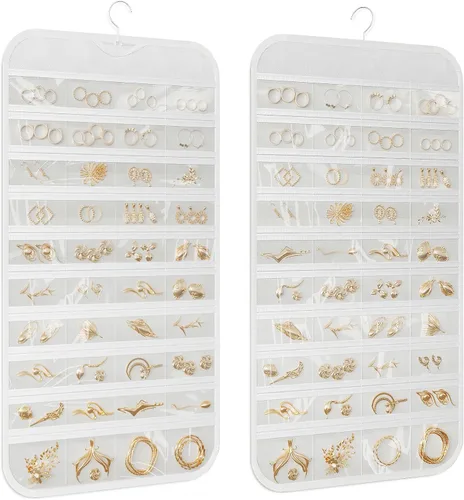 Vista 12 de Organizador colgante de joyas con 80 bolsillos de almacenamiento de doble cara, 1 paquete, color beige