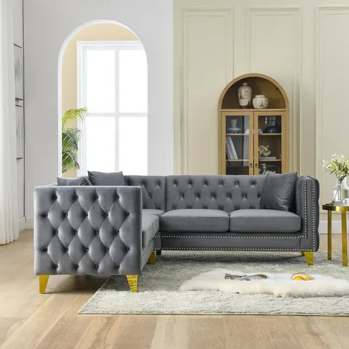 Vista 3 de mikibama - Sofá seccional modular de terciopelo, sofá moderno en forma de L con detalles de tachas, sofá de esquina de 5 plazas para sala de estar