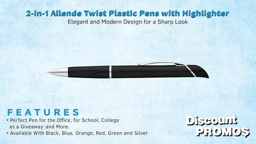Vista 2 de DISCOUNT PROMOS Allende Twist - 10 bolígrafos de plástico con resaltador, elegante, duradero, tinta negra, color negro