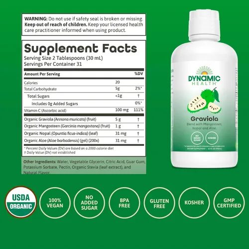 Vista 3 de Dynamic Health Mezcla de graviola, mangostán, nopal y aloe, 100% orgánico, sin aditivos, soporte del sistema inmunológico, antioxidante, vegano, sin