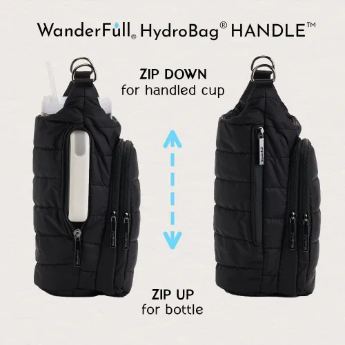 Vista 7 de WanderFull® Ranura con cremallera original HydroBag® HANDLE™ para mango, soporte para botella de agua cruzado manos libres y accesorios para vasos