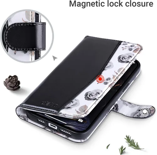 Vista 8 de ULAK Funda tipo billetera compatible con iPhone 15 para mujeres, funda tipo cartera con estampado floral de piel PU premium con porta tarjetas