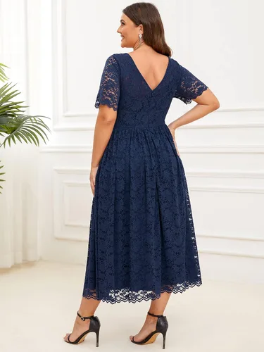 Vista 2 de Ever-Pretty Plus Vestidos formales de encaje con cuello redondo y espalda en V para mujer, talla grande, 01482-DA