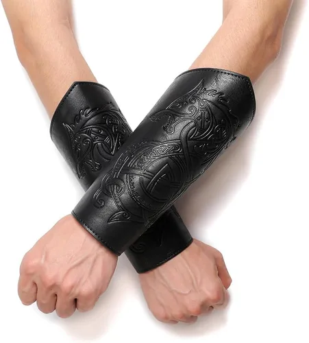 Vista 7 de Brazales de cuero medievales con diseño de dragón en relieve de cuero vikingo brazos, brazalete de cuero, guantelete de cuero, accesorios