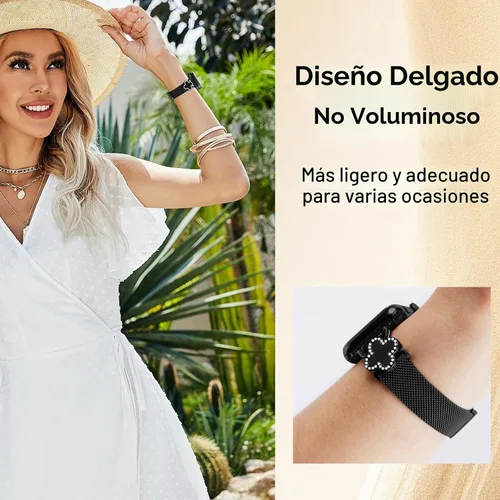 Vista 3 de Joyozy Correa delgada de metal compatible con Apple Watch de 38mm 40mm 41mm 42mm 44mm 45mm 46mm 49mm, correa magnética delgada con adornos