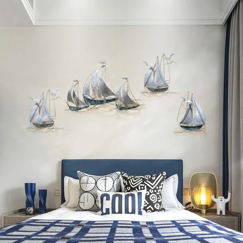 Vista 4 de AUQMTAIN Decoración de pared de barco náutico de 34 pulgadas, esculturas de pared de barco náutico 3D, velero costero hecho a mano para el hogar
