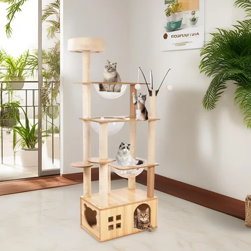 Vista 6 de Árbol de madera para gatos de 66.8 pulgadas con condominio para gatos, escaleras para gatos, 3 cuencos, juguetes, postes rascadores de sisal