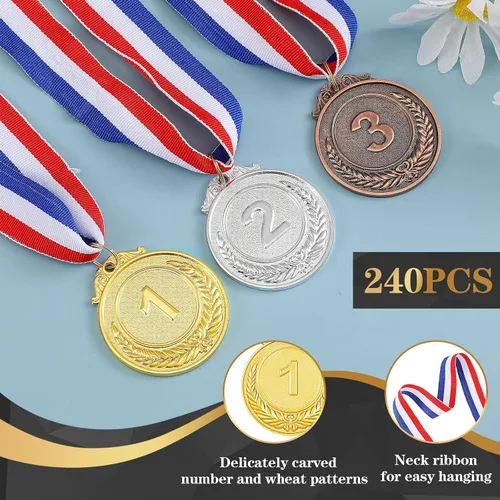 Vista 2 de Sasylvia 240 piezas de medallas de metal para niños y adultos, medalla de plata de oro a granel, 1, 2, 3 medallas ganadoras de premios