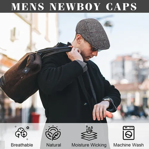 Vista 5 de Paquete de 2 sombreros de periódico para hombre, diseño clásico de espiga de tweed, mezcla de lana, gorra plana Ivy Cabbie