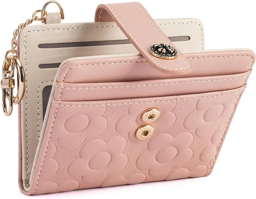 Vista 8 de Cartera RFID para mujer, delgada y pequeña, de piel con estampado de flores, plegable, compacta, con tarjetero y bolsillo para monedas, color marrón
