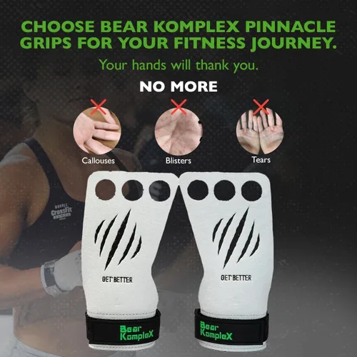Vista 2 de Bear KompleX 3 Hole Pinnacle Hand Grips for Workouts, Pull-ups, Weightlifting, WOD Gymnastics, Crosstraining Palm Grips with Wrist Wraps, Hand