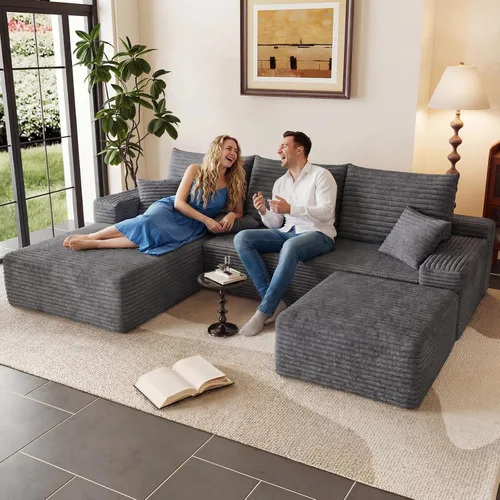 Vista 58 de Sofá modular Cloud de 95 pulgadas con otomana, moderno sofá nube en forma de U con asiento profundo, cómodo sofá de pana de 3 plazas, sofá de espuma