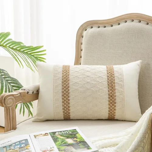 Vista 8 de 1 funda de almohada para sala de estar, algodón y arpillera, estilo bohemio decorativo para el hogar (beige y azul, 16 x 16 pulgadas)