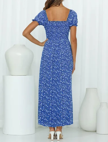 Vista 5 de ZESICA - Vestido de verano largo para mujer, diseño acampanado con cuello cuadrado y volantes, estampado floral y bohemio, para la playa