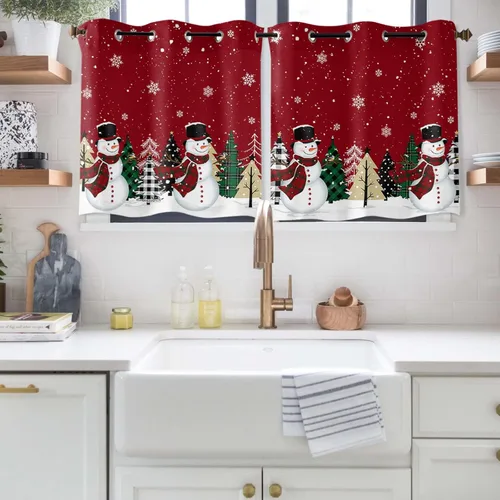 Vista 16 de Libaoge Cortinas de Navidad para cocina, dormitorio, juego de 2 paneles, diseño de muñeco de nieve de Navidad, cortinas de invierno con copos