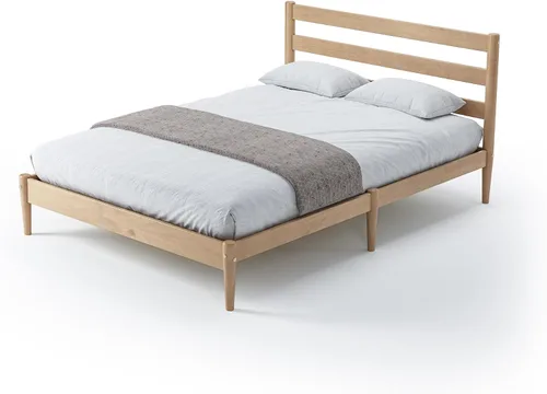 Vista 3 de Camaflexi Mid-Century - Cama de plataforma moderna, madera maciza, cabecera de listones, base de colchón de 10 listones de madera, no necesita Roble