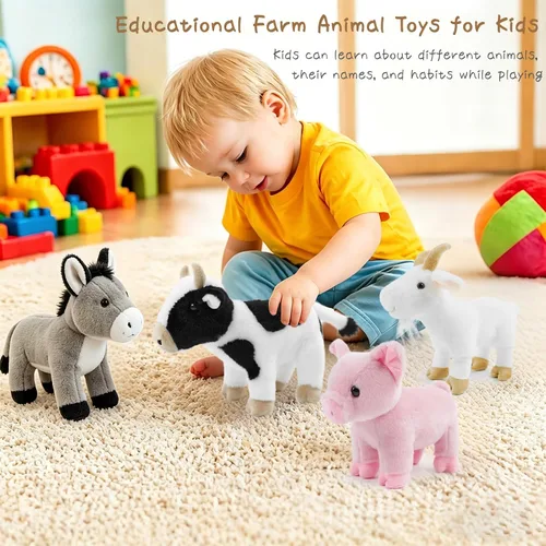 Vista 6 de Juego de 4 animales de peluche de granja de 8 pulgadas – cerdo, cabra, vaca y burro, juguetes ultrasuaves y lavables para niños, adorable decoración