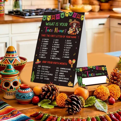 Vista 5 de COCHIE Juego de tacos para fiesta, familia, adultos, oficina, grupos grandes, con nombre de taco, decoración de fiesta mexicana con 36 calcomanías