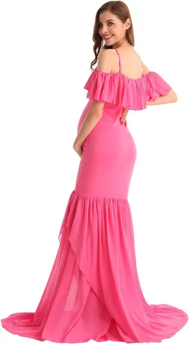 Vista 12 de MYRISAM Vestido de maternidad con volantes y hombros descubiertos para mujer, vestido de fiesta de sirena de gasa, vestido ajustado