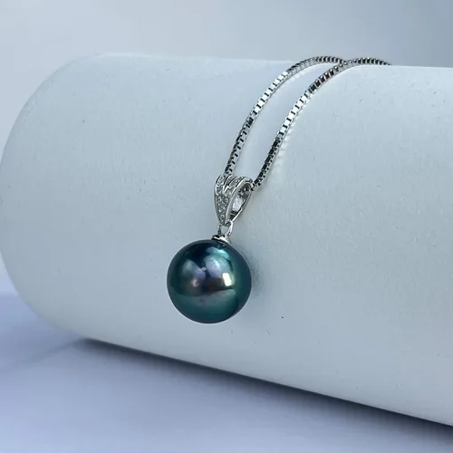 Vista 2 de YAMI BlackGolden Pearl Pendant Necklace for Women, Genuine Saltwater Cultured Tahitian Pearl, S925 Sterling Silver Single Pearl Necklace, Box Chain