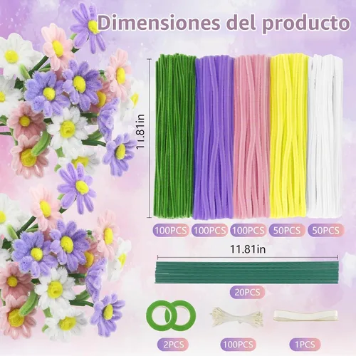 Vista 2 de 400 Pcs Pipe Cleaners Craft for Flowers, 5 Colored Pipe Cleaner Flower Kit Rosa Purpl