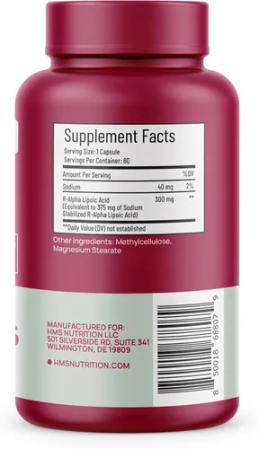Vista 3 de HMS Nutrition Ácido R-lipoico estabilizado de 300 mg por porción, ácido R alfa lipoico puro (R-ALA) de alta potencia activo R isómero, antioxidante