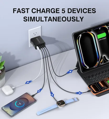 Vista 2 de [Paquete de 2] Cargador de pared USB C, bloque de cargador tipo C de 60 W, bloques de carga rápida de 5 puertos, enchufe multipuerto 3USB C+2USB A