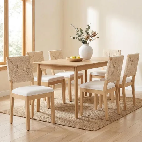 Vista 10 de French Country Dining Chairs Set of 2, Linen Upholstered Cane Back, Amber