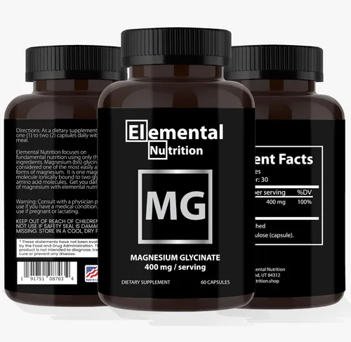 Vista 4 de Glicinato de magnesio - 400 mg por cápsula, magnesio puro con tamaño de porción 2, porción por recipiente 30, complejo con glicina para una máxima
