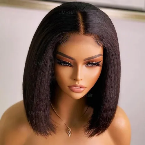 Vista 2 de Pelucas de cabello humano corto Yaki Bob de 10 pulgadas para mujer, con encaje frontal de 13 x 4 pulgadas, sin pegamento, corte corto