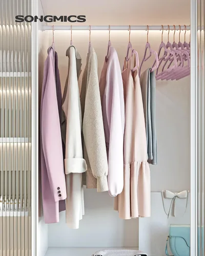 Vista 3 de SONGMICS Paquete de 30 perchas para pantalones y 50 perchas para ropa, perchas de terciopelo con clips ajustables, antideslizantes y ahorran