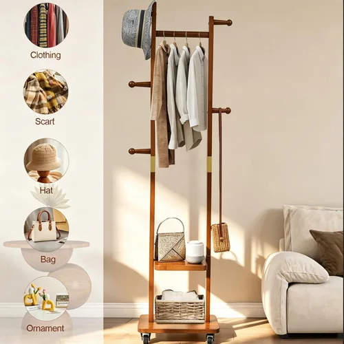Vista 4 de Perchero de madera maciza con ruedas, perchero independiente de 2 niveles con 5 ganchos y estantes de almacenamiento, soporte de ropa resistente