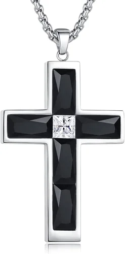 Vista 12 de Collar de cruz con piedra de nacimiento para hombre, collar de cruz de acero inoxidable 316L con colgante de cruz de circonia cúbica para mujer