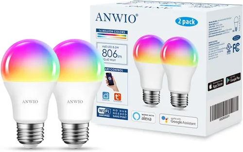 Vista 2 de ANWIO Bombillas inteligentes de 8.5 W (reemplazo de 60 W) A19 E26 bombilla LED funciona con Alexa, Google Assistant, aplicación Smart Life
