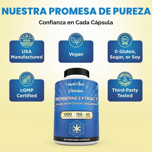 Vista 3 de Nutrivein Premium Berberine HCL 1200 mg - 120 Caps: Suplemento de berberina