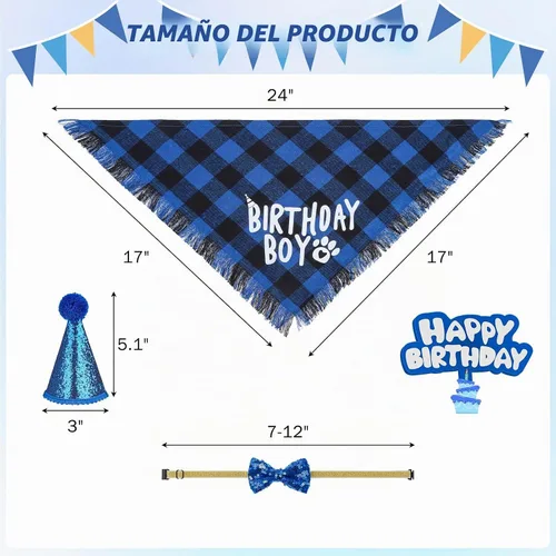 Vista 5 de SCENEREAL Suministros para fiesta de cumpleaños para perros, bandana de cumpleaños para perro, juego de collar de pajarita con números de Niño azul