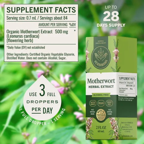 Vista 3 de HERBAMAMA Extracto líquido de Motherwort de 2 onzas líquidas, vegano, suplemento de hierbas orgánicas para apoyar la salud del corazón, la función