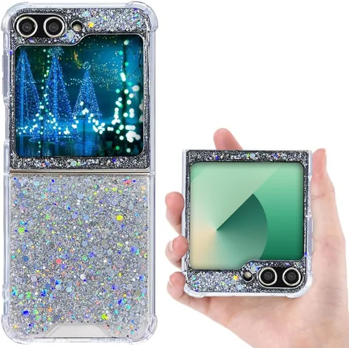 Vista 10 de Funda para Samsung Galaxy Z Flip 3 con purpurina, bonita funda transparente con diseño, brillante, reflectante, con destellos, cubierta de teléfono