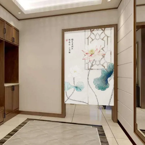 Vista 2 de Noren - Cortinas japonesas de lino y algodón, para puerta, diseño de loto rosa, 33 x 59 pulgadas