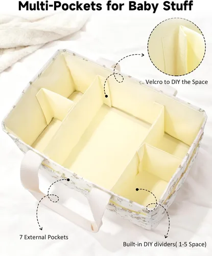 Vista 4 de BuyCard Organizador floral de pañales para bebé, cesta de almacenamiento acolchada grande con asa, regalo para baby shower, regalo para padres