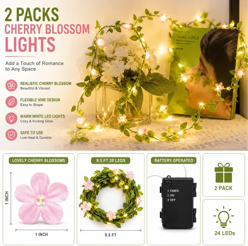 Vista 4 de Vigdur Paquete de 2 Luces de Vid – Cadena de luces de hiedra de hojas pequeñas con 48 luces de flor de cerezo alimentadas por batería, impermeables