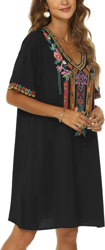 Vista 3 de Grosy Vestidos campesinos mexicanos bordados para mujer, vestido bohemio de fiesta de talla grande para mujer, túnica bohemia floral tradicional