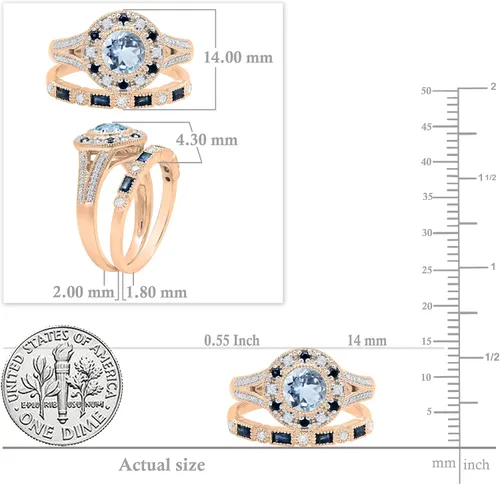 Vista 4 de Dazzlingrock Collection 6mm Centre Round Gemstone with Round White Diamond & Baguette Alternating Blue Sapphire Halo Miligrain Wedding Ring Set for