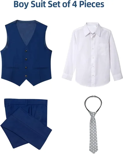 Vista 3 de Traje de chaleco para niño de 4 piezas, ajustado, chaleco y pantalones, conjunto de ropa de vestir con anillo