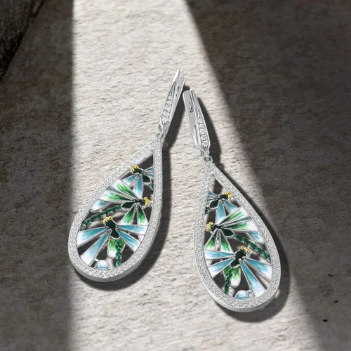 Vista 3 de Santuzza Aretes de plata de ley 925 con circonita cúbica esmaltada y libélula para mujer, Plata de ley Circonita cúbica, Circonia cúbica