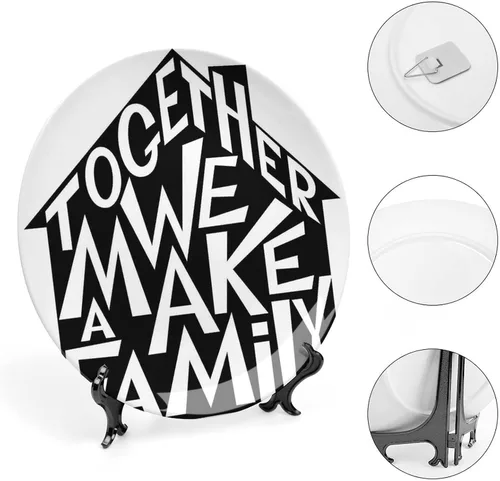 Vista 4 de Plato decorativo de cerámica de 6 pulgadas, cerámica familiar, Together We Make a Family Shaped as a House Print Ceramic Wall Hanging para cenas