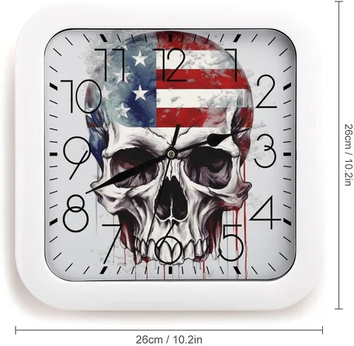 Vista 2 de 10" Square Modern Wall Clock,American Flag Skull Print Kitchen Clocks Wall Battery Operated,Silent Non Ticking Unique Funny Cute Wall Clock for
